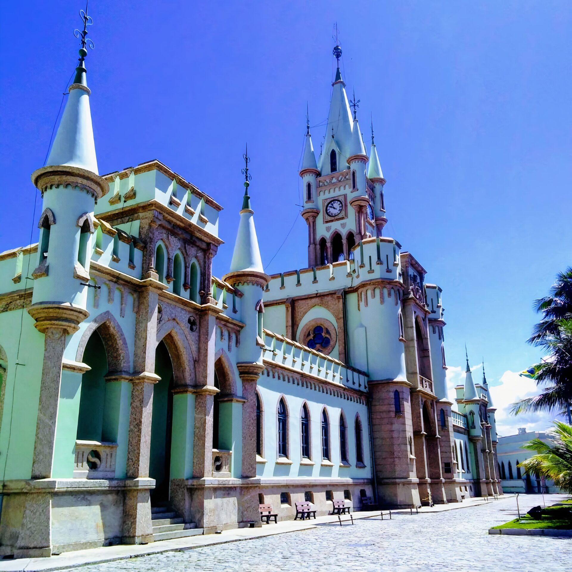 Neo-Gothic Fiscal Palace on Ilha Fiscal in Guanabara Bay, Rio de Janeiro, with distinctive green and white facade