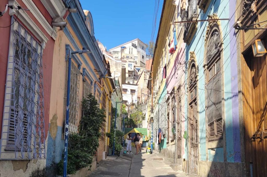 Colonial cobblestone streets of Morro da Conceição hill in Little Africa Rio, historic African heritage neighborhood with panoramic city views