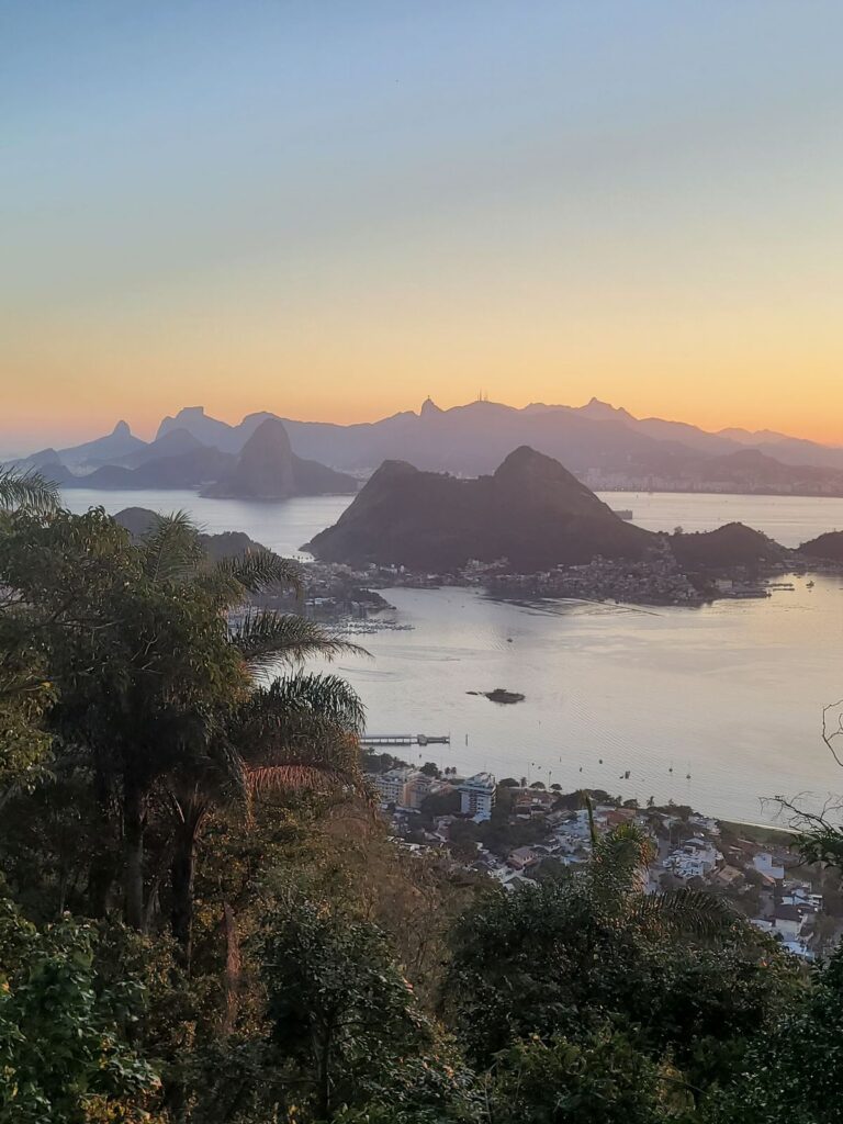 Sunset view of Guanabara Bay and Rio de Janeiro's mountains from Parque da Cidade in Niterói