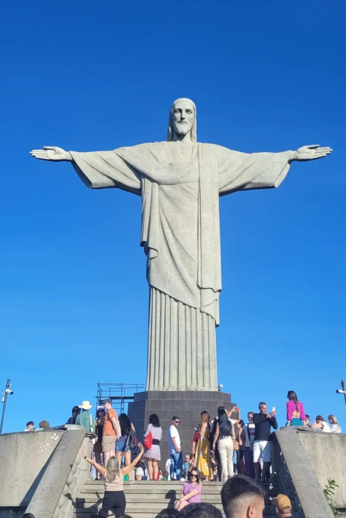 Christ the Redeemer against a clear blue sky on an early morning visit to Corcovado
