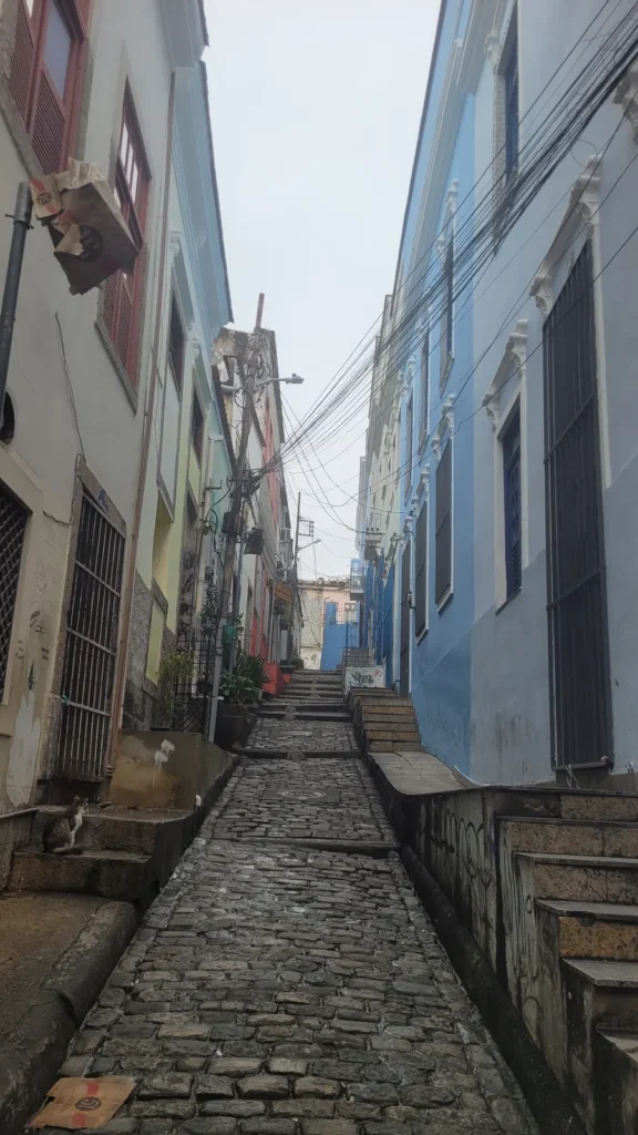 Cobblestone stairway between colonial houses on Morro da Conceição, a hidden neighborhood in Rio de Janeiro