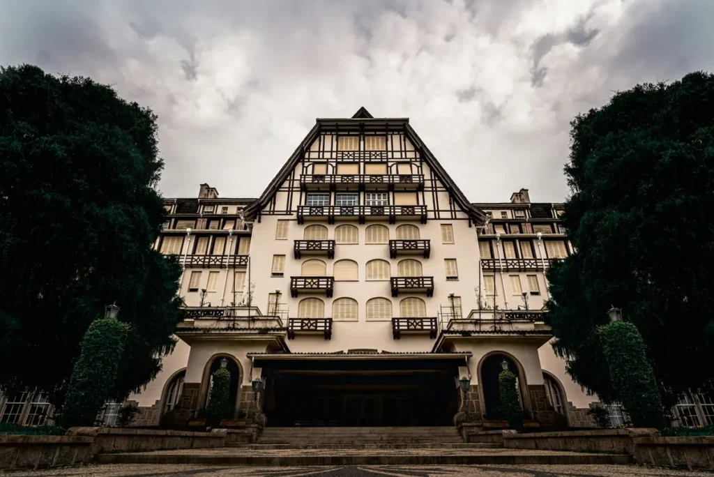Norman-style façade of Quitandinha Palace, the former 1940s hotel-casino in Petrópolis