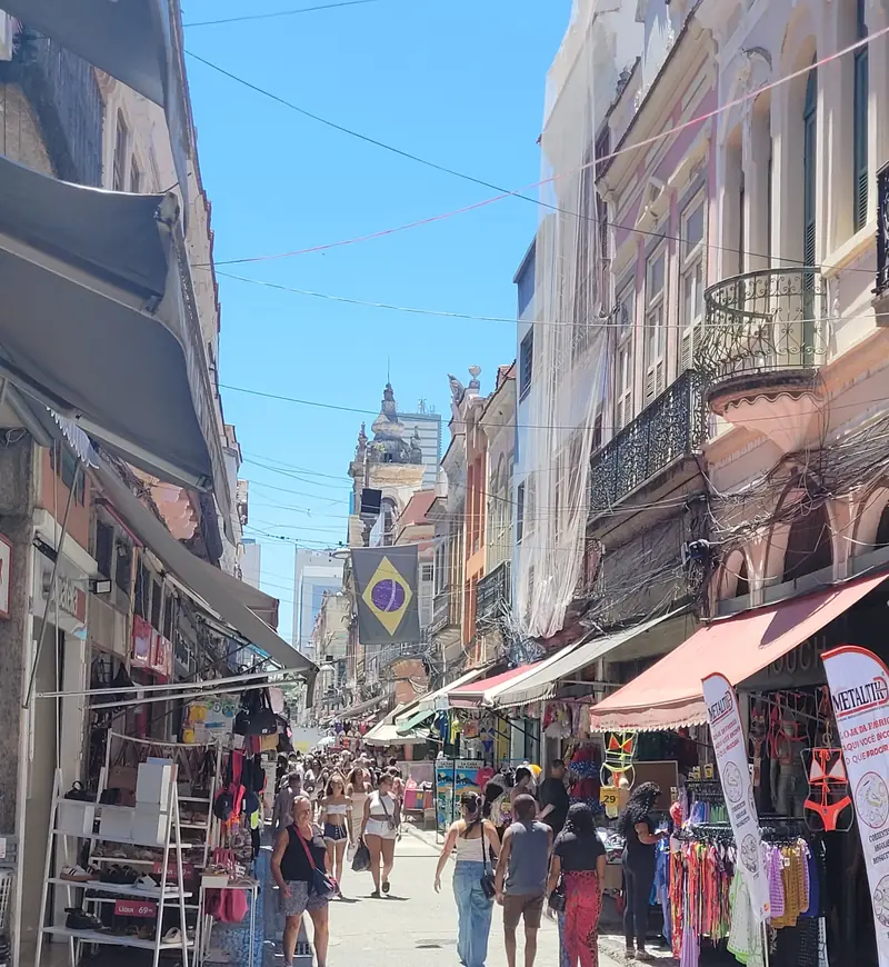 Shoppers walking through SAARA, the open-air street market in downtown Rio de Janeiro