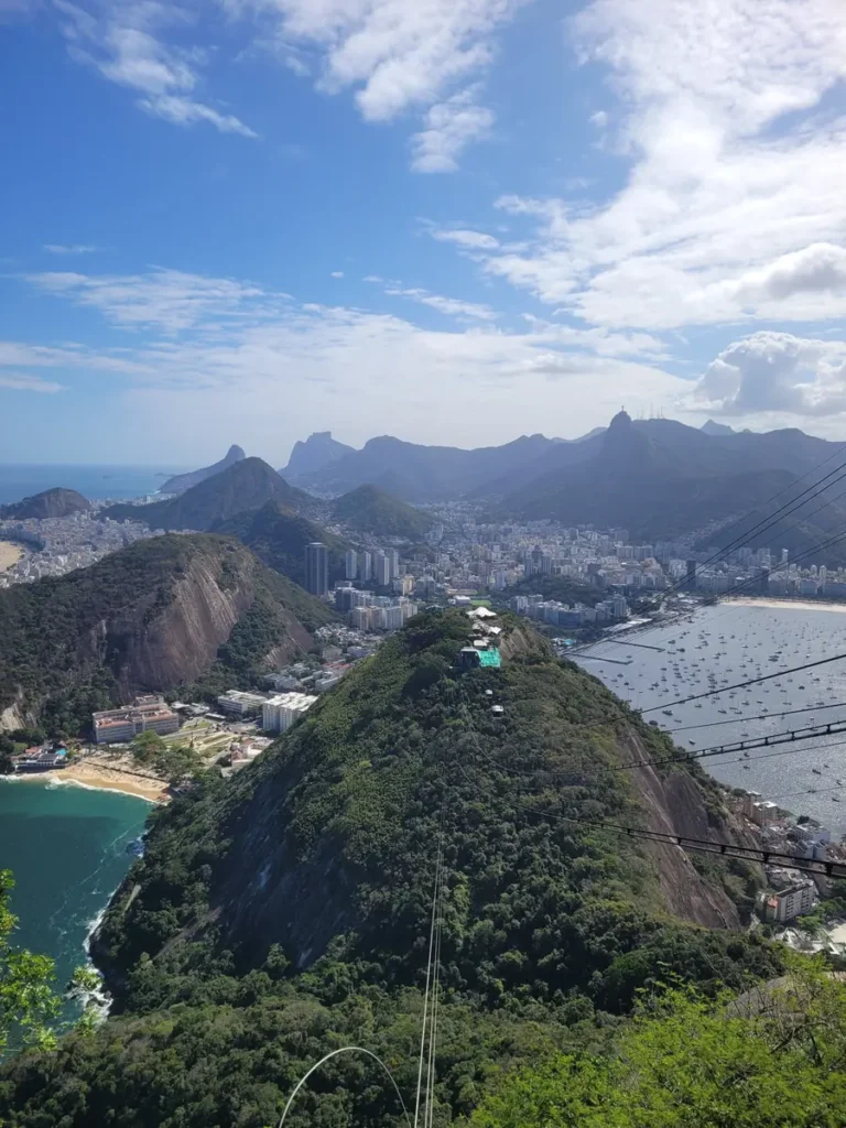 View from the top of Sugarloaf Mountain over Urca, Botafogo Bay and Christ the Redeemer on a sunny spring day in Rio de Janeiro